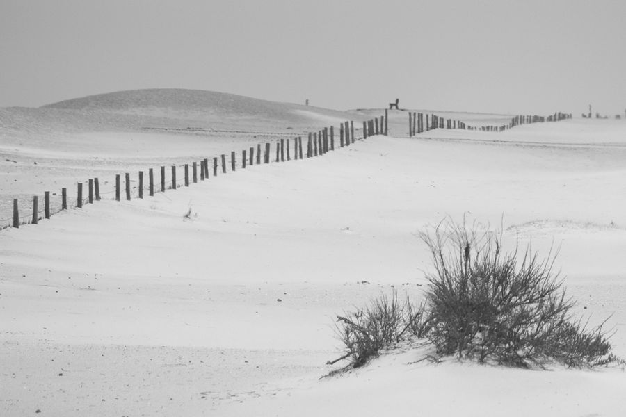 Fence across white sand